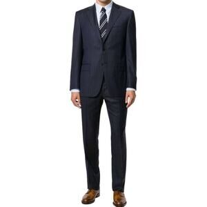 Canali Fine Pinstripe Suit Set Pure Wool Notch Lapel Dress Pants Navy Blue 54R